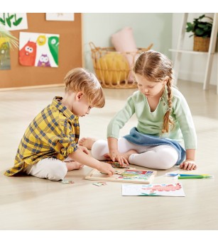 Puzzle din lemn 2 in 1 - Dinozauri (26 piese), cu fata dubla si activitate colorare - Puzzle copii