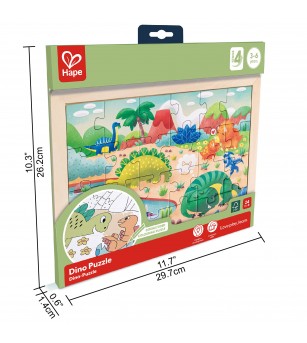 Puzzle din lemn 2 in 1 - Dinozauri (26 piese), cu fata dubla si activitate colorare - Puzzle copii
