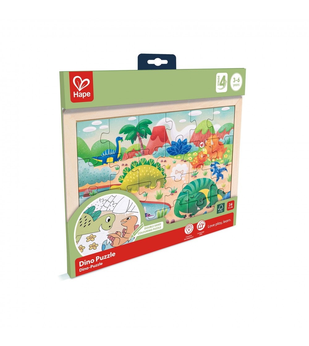 Puzzle din lemn 2 in 1 - Dinozauri (26 piese), cu fata dubla si activitate colorare - Puzzle copii