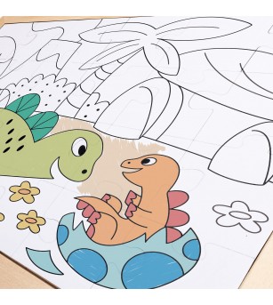 Puzzle din lemn 2 in 1 - Dinozauri (26 piese), cu fata dubla si activitate colorare - Puzzle copii
