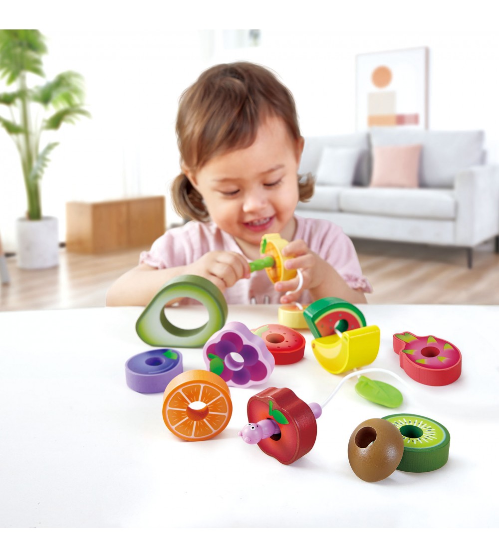 Jucarie din lemn - Sirag fructe si omide (15 piese) - Jucării de lemn si Montessori