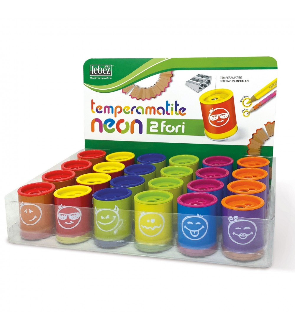 Ascutitoare de creion cu 2 gauri si container Neon, 6 modele (24 buc/display) - Rechizite