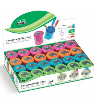 Ascutitoare de creion cu 3 gauri si container transparent, 4 culori (24 buc/display) - Rechizite