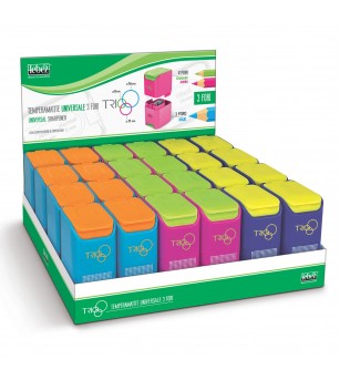 Ascutitoare de creion cu 3 gauri, Trio, cu container, 3 culori (24 buc/display) - Rechizite