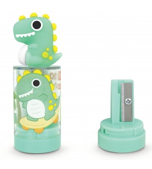 Ascutitoare de creion cu o gaura si container cu model si figurina Dinozaur, 2 culori (24 buc/display) - Rechizite