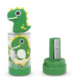 Ascutitoare de creion cu o gaura si container cu model si figurina Dinozaur, 2 culori (24 buc/display) - Rechizite