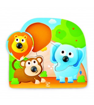Puzzle din lemn cu butoni - Animale din Jungla cu nas mare - Jucării