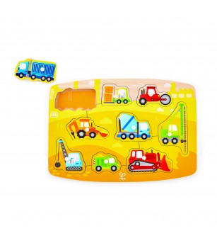 Puzzle din lemn cu butoni - Autovehicule de constructie - Jucării