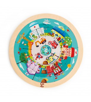 Puzzle din lemn cu doua fete: giratoriu si meserii (19 piese) - Jucării