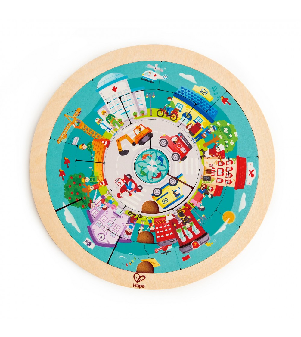 Puzzle din lemn cu doua fete: giratoriu si meserii (19 piese) - Jucării