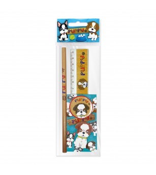 Set scolar Puppy (1 radiera, 1 ascutitoare, 1 rigla de 15 cm, 1 creion, 1 mini blocnotes) - Rechizite