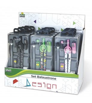 Trusa compas scolar din metal cu desene, cu 6 accesorii (12 blistere/display) - Rechizite