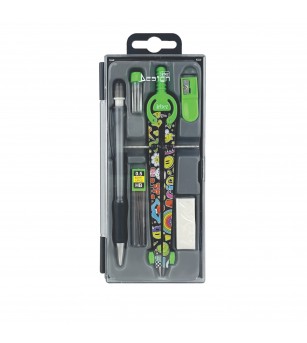 Trusa compas scolar din metal cu desene, cu 6 accesorii (12 blistere/display) - Rechizite