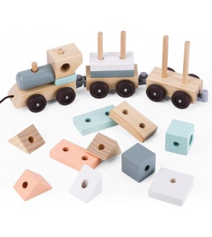 Trenulet cu cuburi din lemn, UMU Toys - Vehicule de jucărie