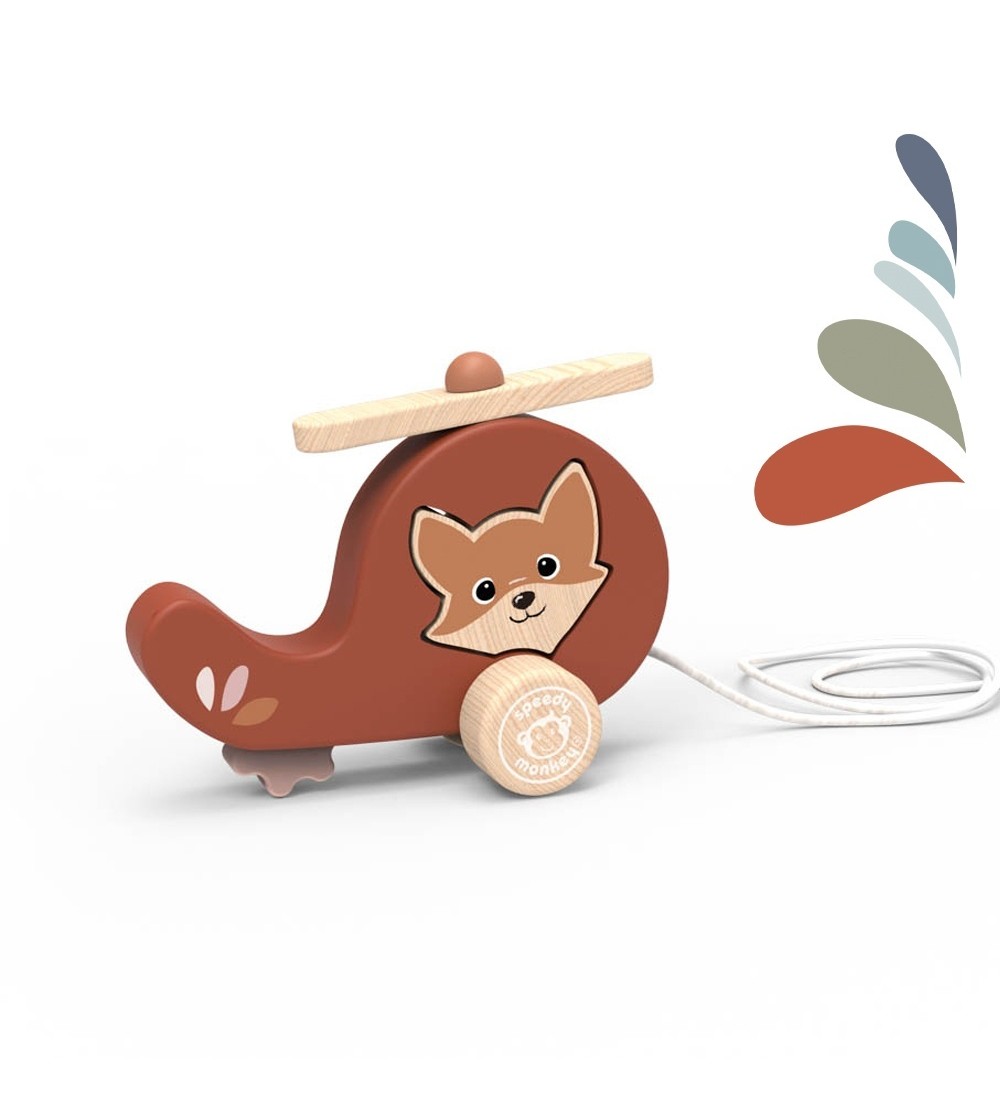 Elicopter de tras din lemn, Speedy Monkey - Jucării de tras și împins