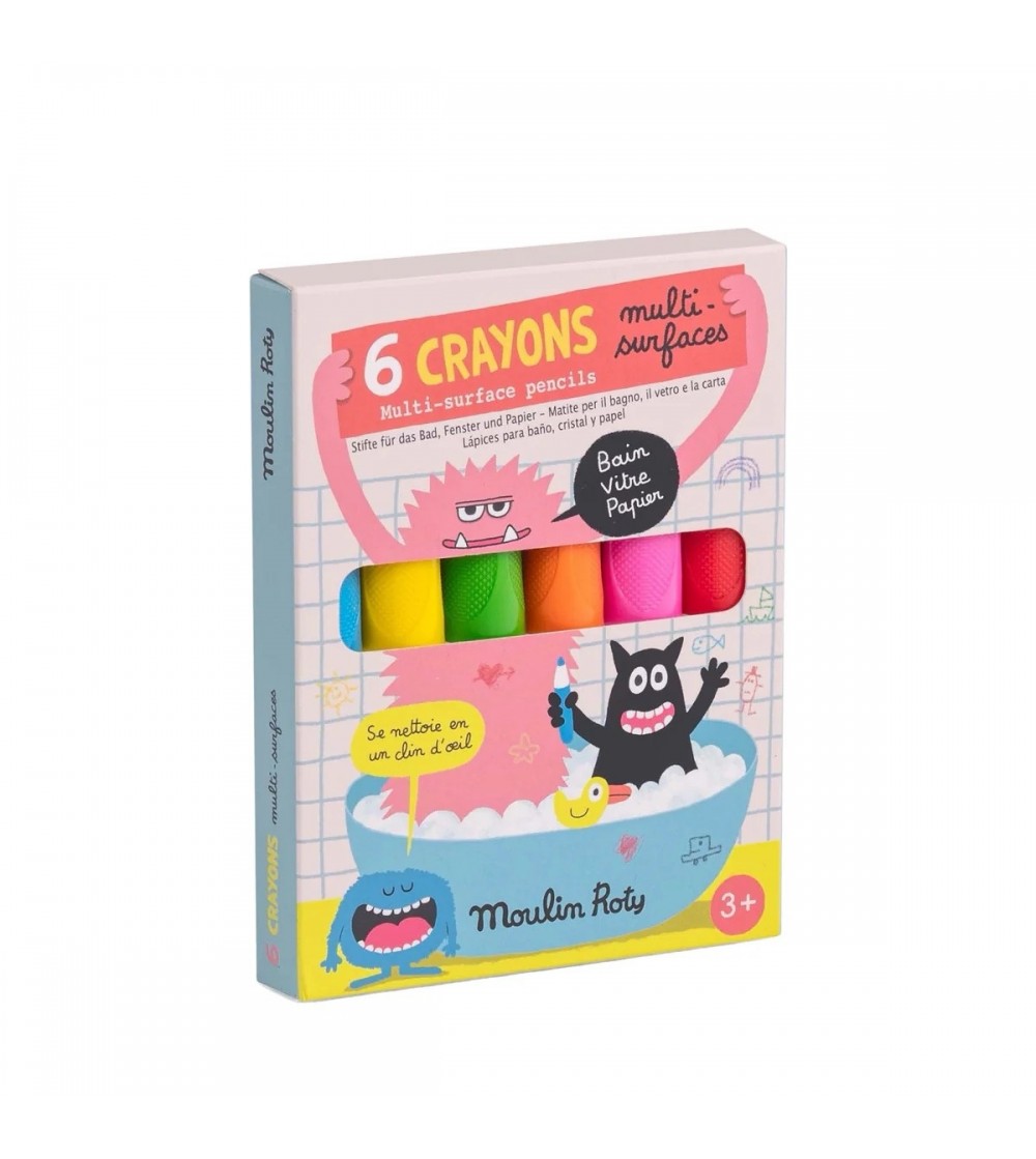 Set 6 creioane multi‑suprafete neon, Moulin Roty - Carioci și creioane colorate