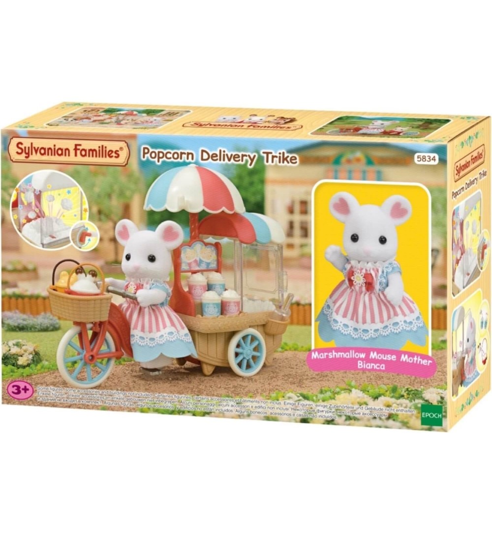Sylvanian Families 5834 - Set Popcorn Delivery Trike și figurină șoricel Marshmallow - Figurine