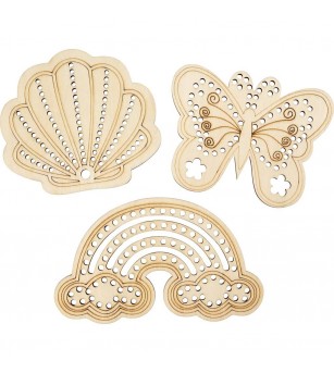 Set figurine din lemn cu găuri – Curcubeu, scoică, fluture - Art and crafts