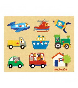 Puzzle cu buton Vehicule, Moulin Roty - Puzzle incastru