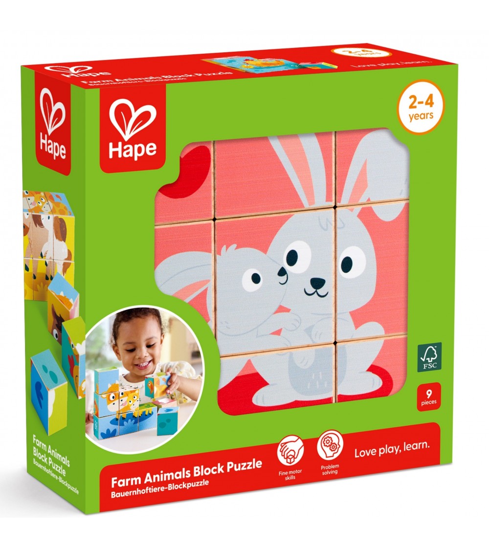 Puzzle din lemn cuburi – Animale de ferma 3 x 3 - Puzzle lemn