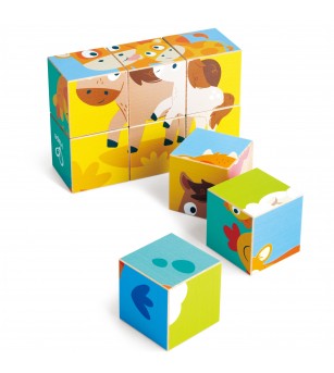 Puzzle din lemn cuburi – Animale de ferma 3 x 3 - Puzzle lemn
