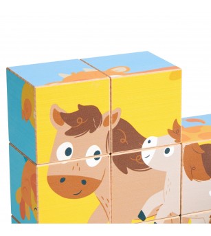 Puzzle din lemn cuburi – Animale de ferma 3 x 3 - Puzzle lemn