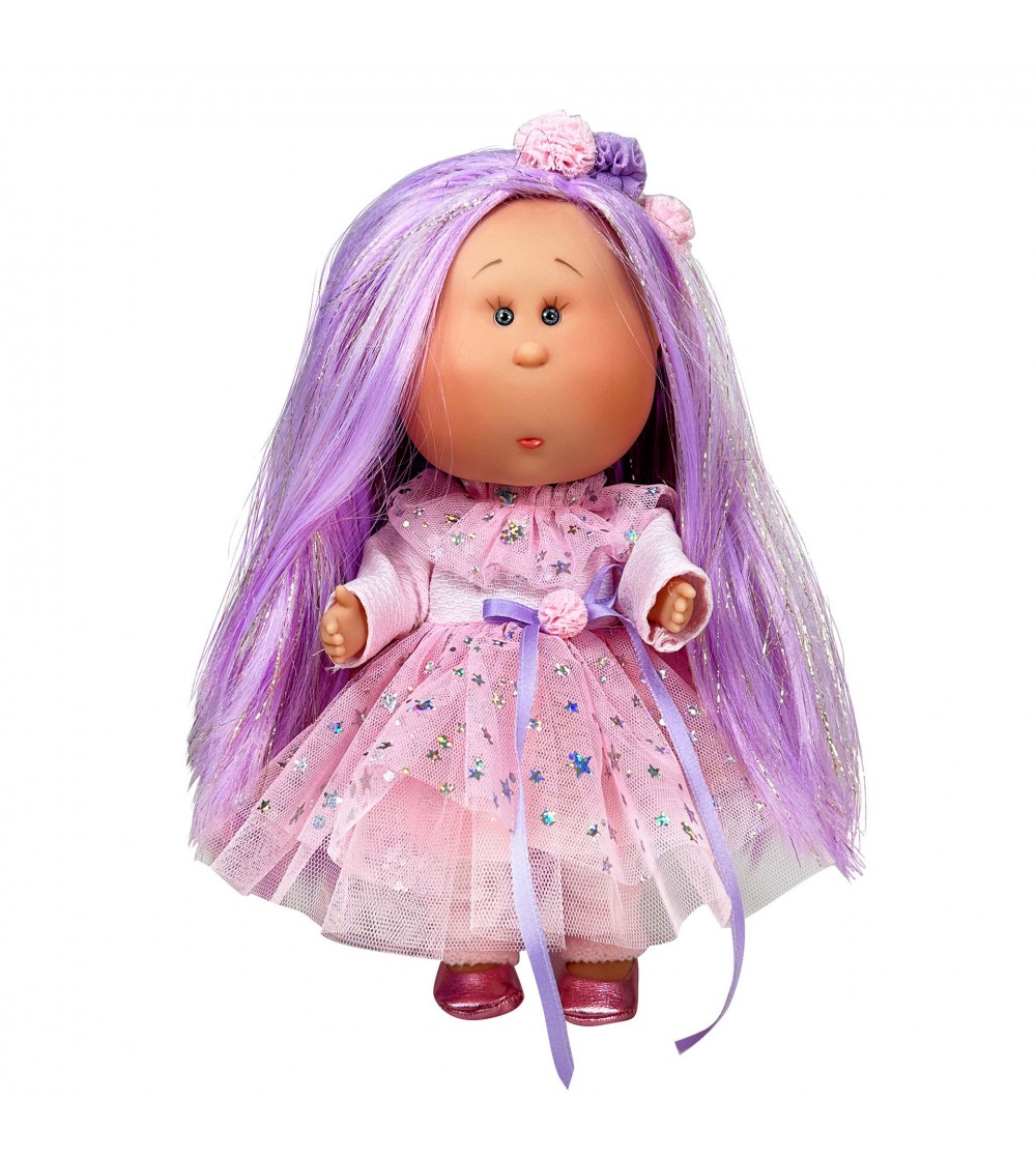 Papusa Nines D'Onil, Mia, cu parul mov, cu sclipici, cu articulatii, cu miros de vanilie, 30 cm - Papusi