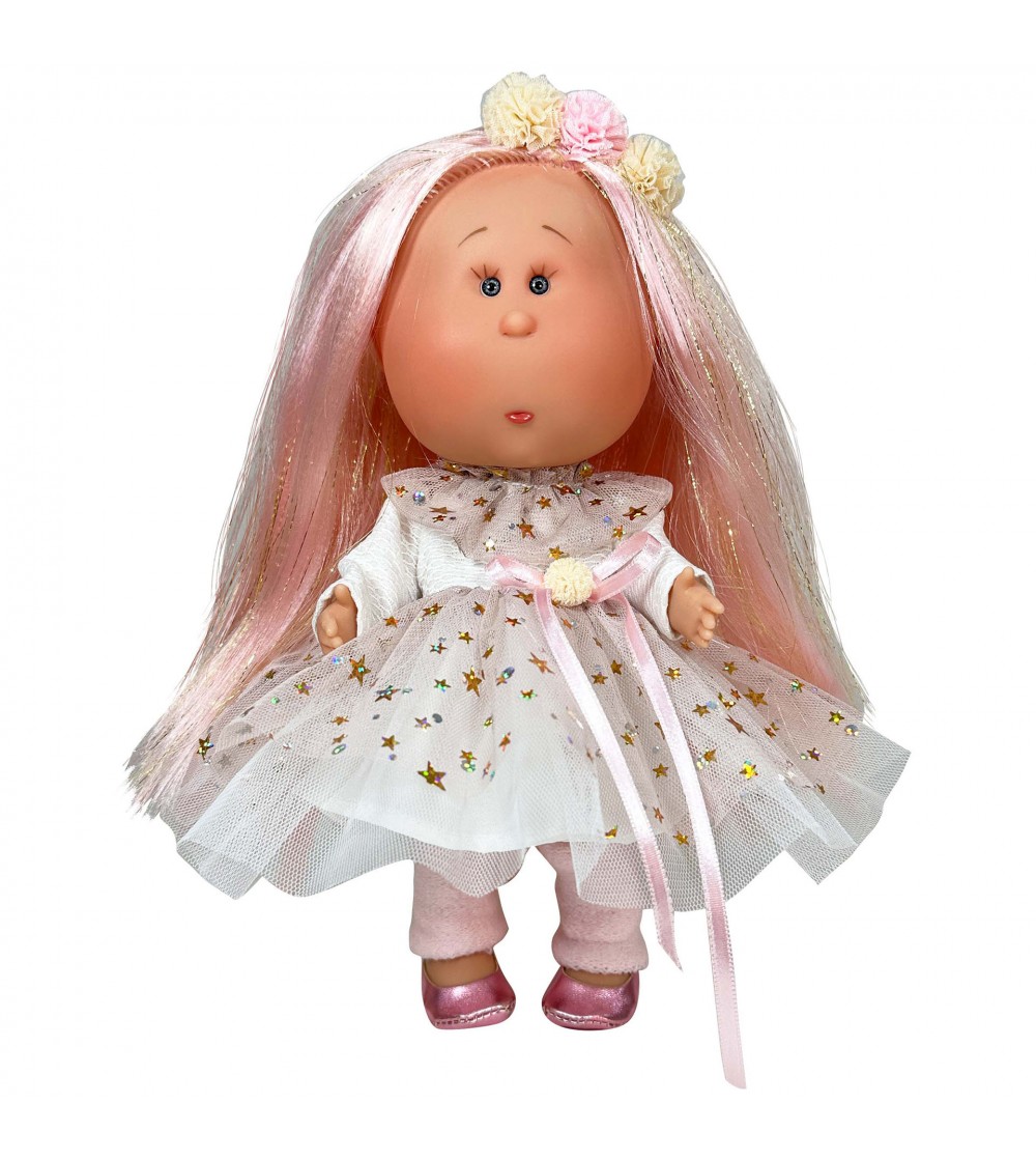 Papusa Nines D'Onil, Mia, cu parul roz, cu sclipici, cu articulatii, cu miros de vanilie, 30 cm - Papusi